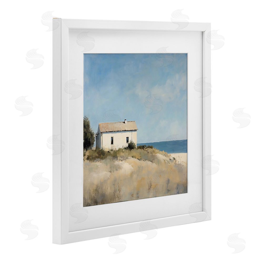 Creative Studio Simple Beach House on Dunes White Framed Print Under Glass with White Mat Wall Art