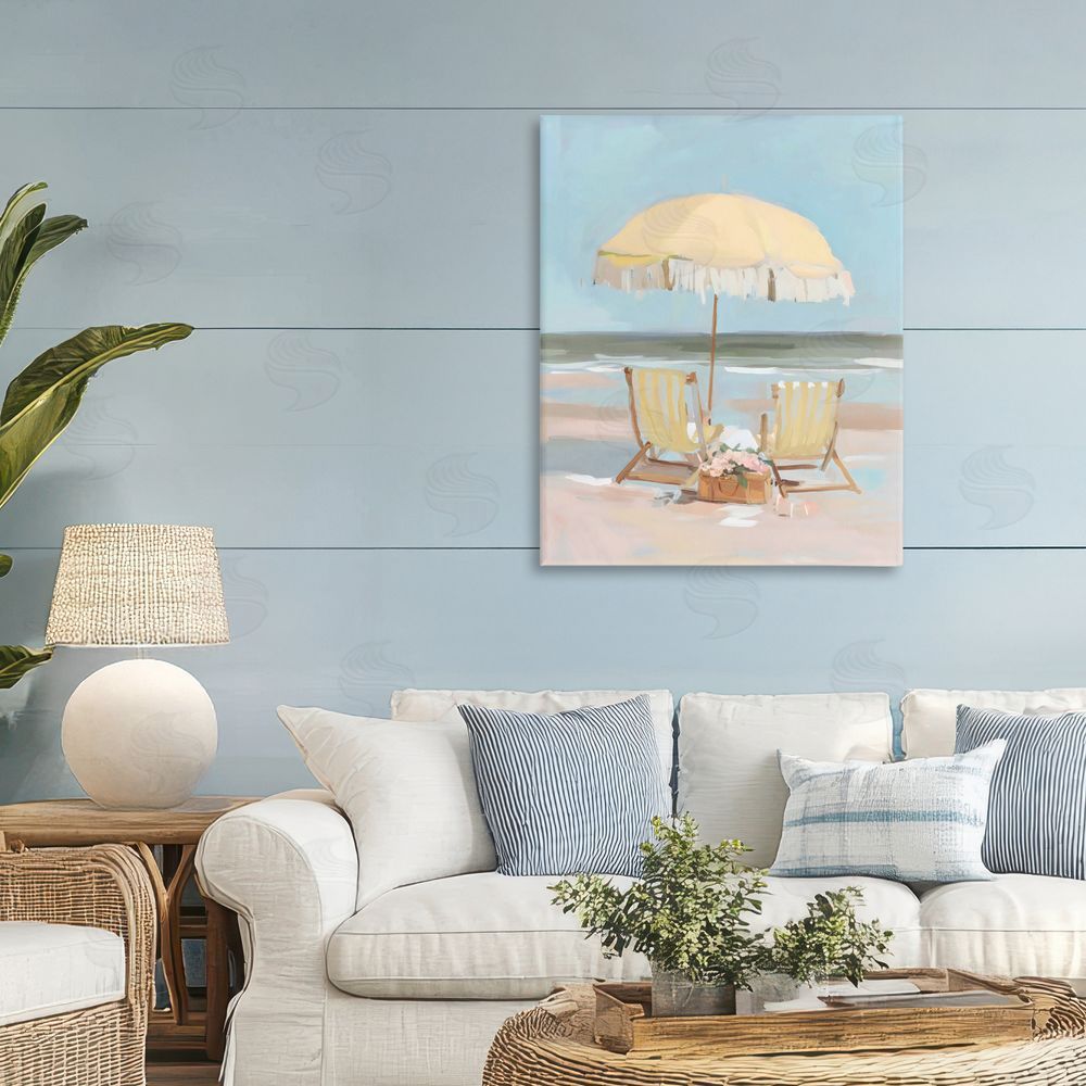 Sisi and Seb Yellow Chairs Beach Relaxation Stretched Canvas on Wall