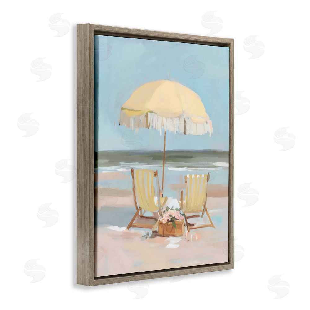 Sisi and Seb Yellow Chairs Beach Relaxation Brown Floating Framed Canvas Wall Art Print