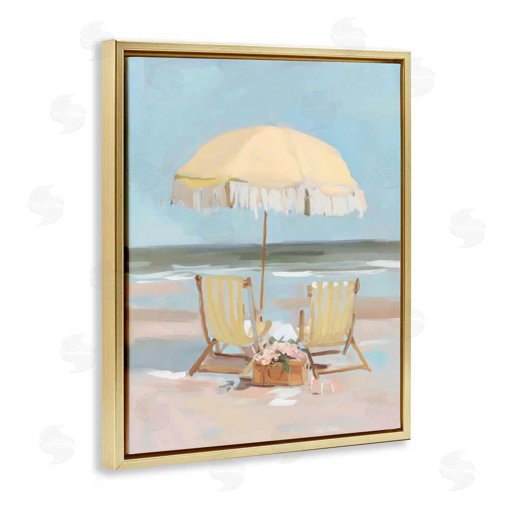 Sisi and Seb Yellow Chairs Beach Relaxation Gold Floating Framed Canvas Wall Art Print