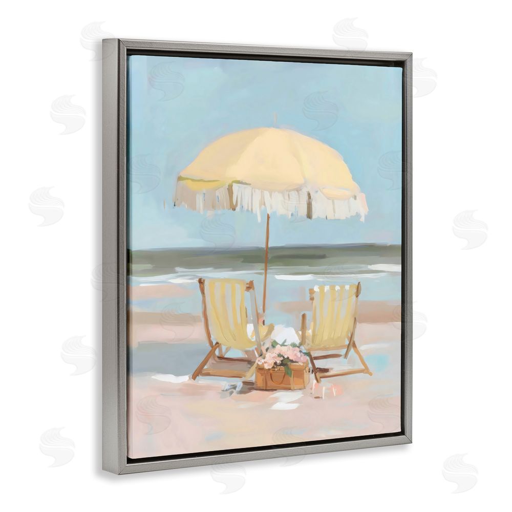 Sisi and Seb Yellow Chairs Beach Relaxation Gray Floating Framed Canvas Wall Art Print