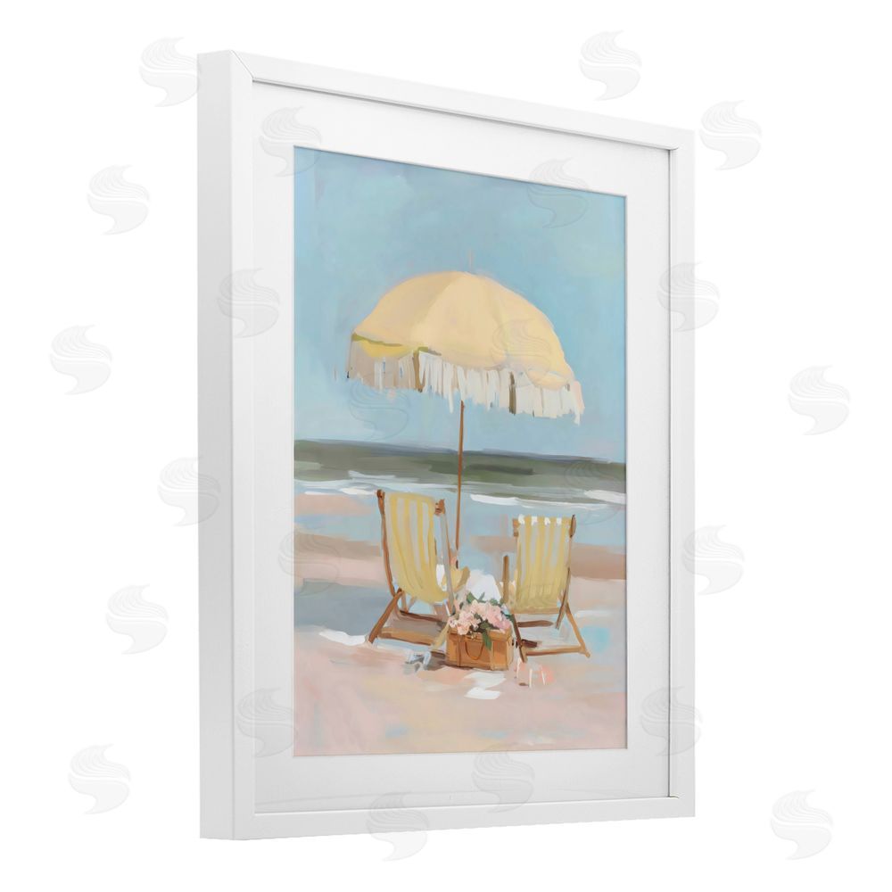 Sisi and Seb Yellow Chairs Beach Relaxation White Framed Print Under Glass with White Mat Wall Art