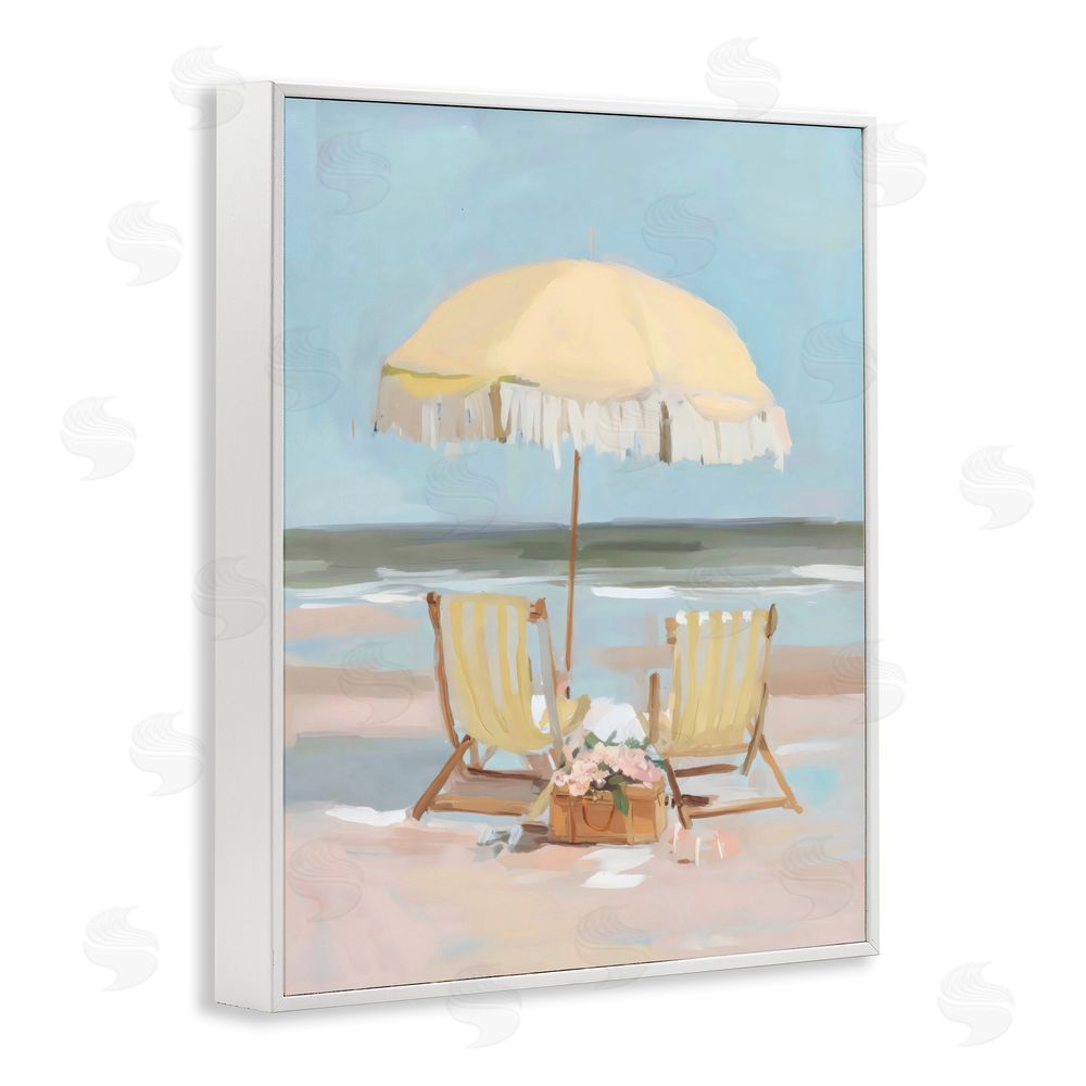 Sisi and Seb Yellow Chairs Beach Relaxation White Framed Giclee Wall Art Print