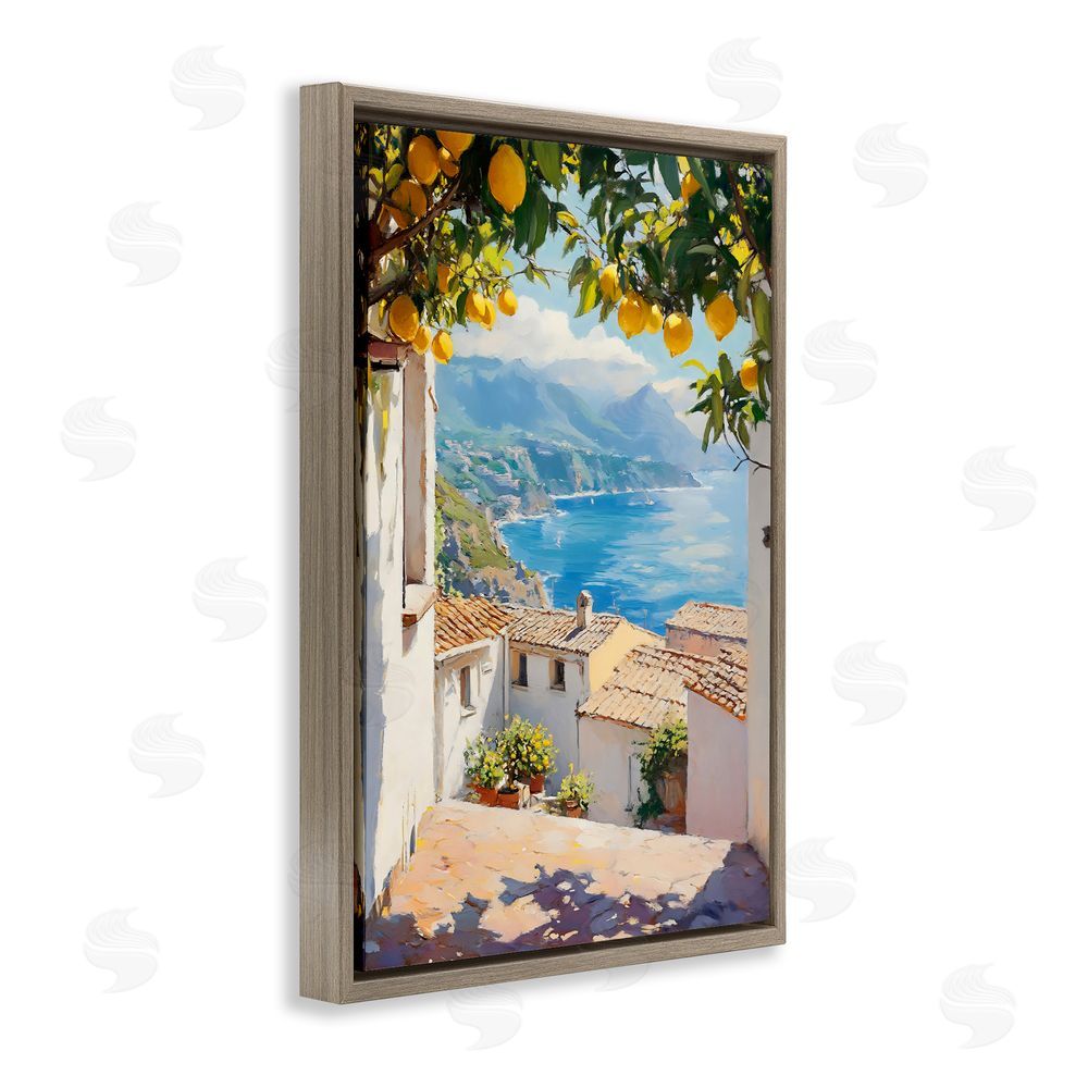 LSR Design Studio Amalfi Coast Lemon Overhang Brown Floating Frame Stretched Canvas Wall Art Print