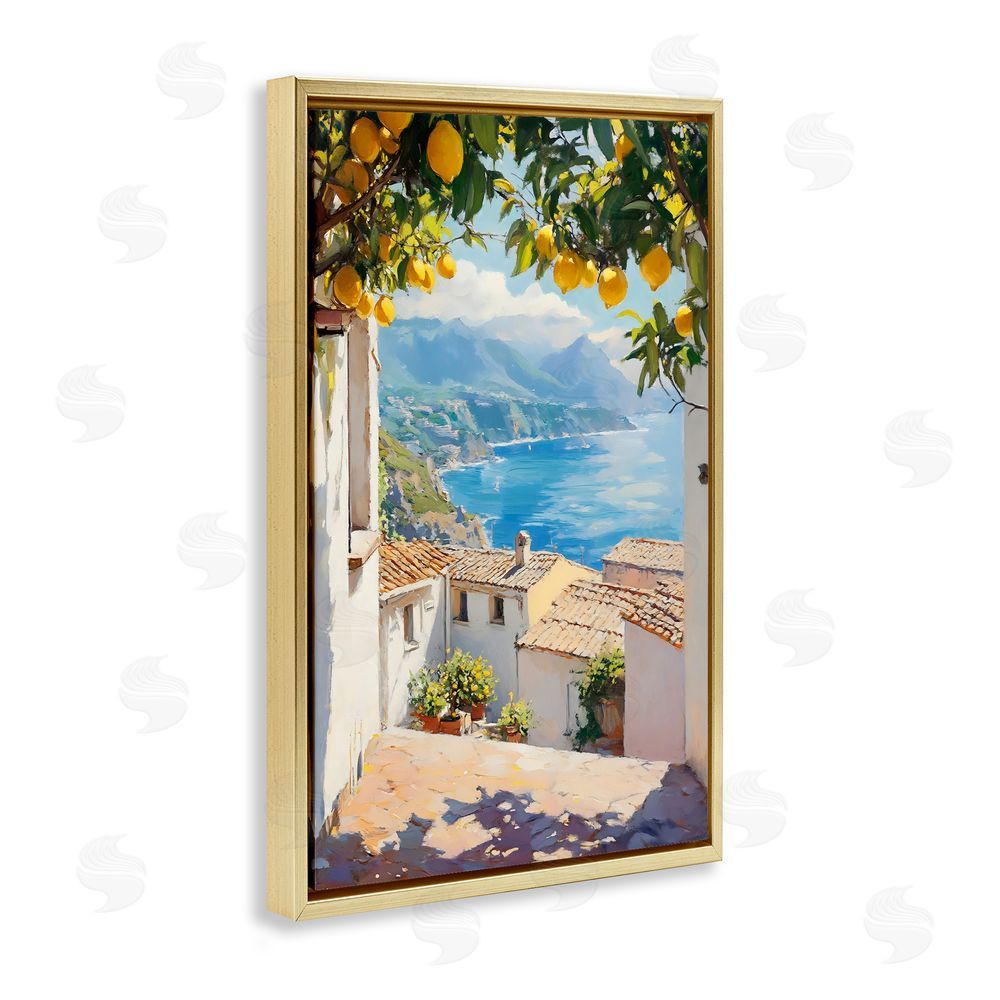 LSR Design Studio Amalfi Coast Lemon Overhang Gold Floating Frame Stretched Canvas Wall Art Print