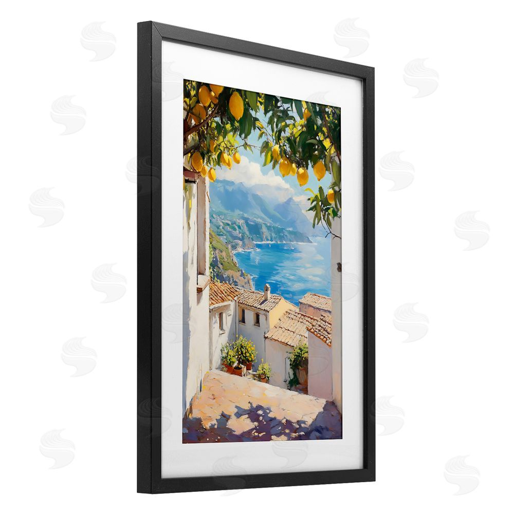 LSR Design Studio Amalfi Coast Lemon Overhang Black Framed Print Under Glass with Matting Wall Art