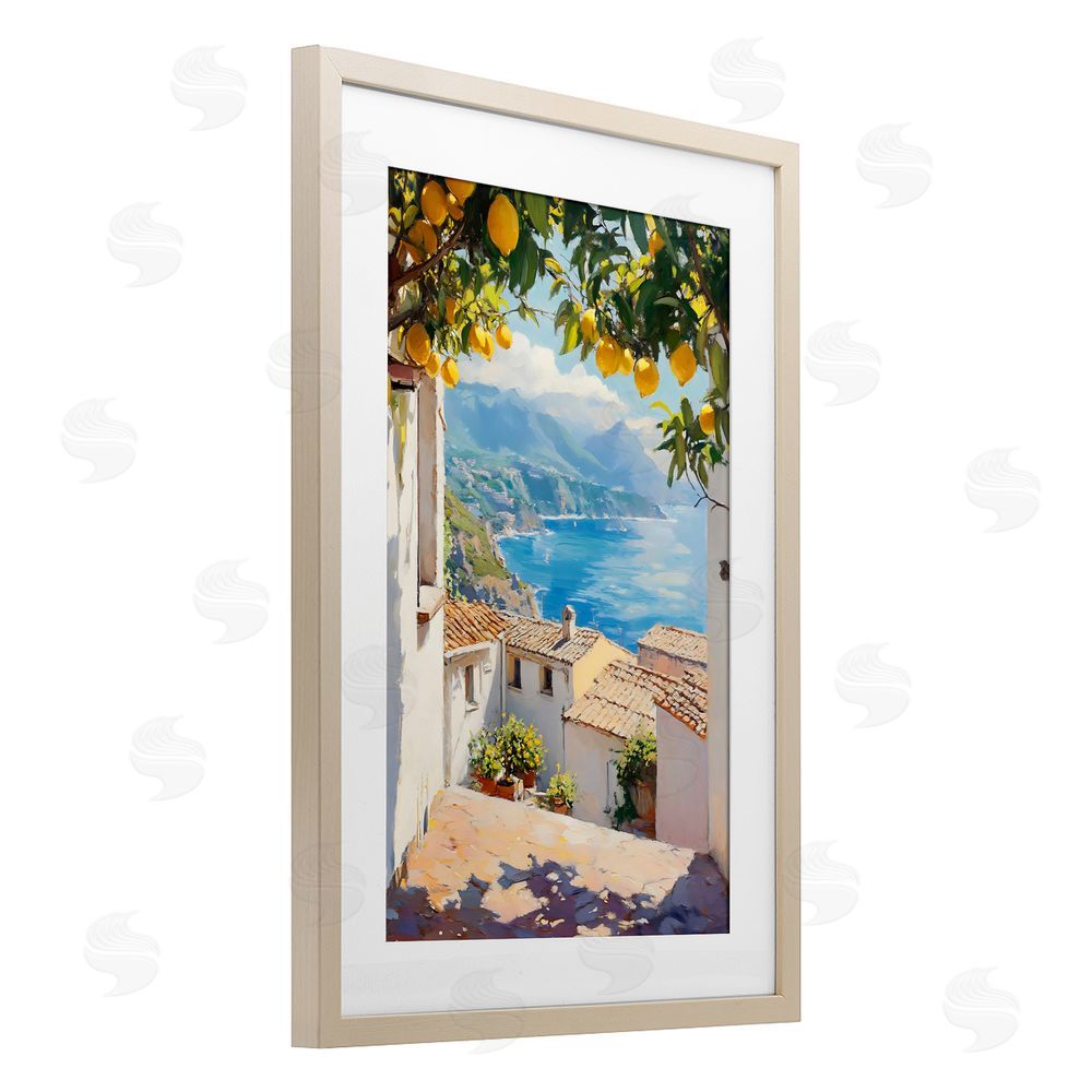LSR Design Studio Amalfi Coast Lemon Overhang Brown Framed Print Under Glass with Matting Wall Art