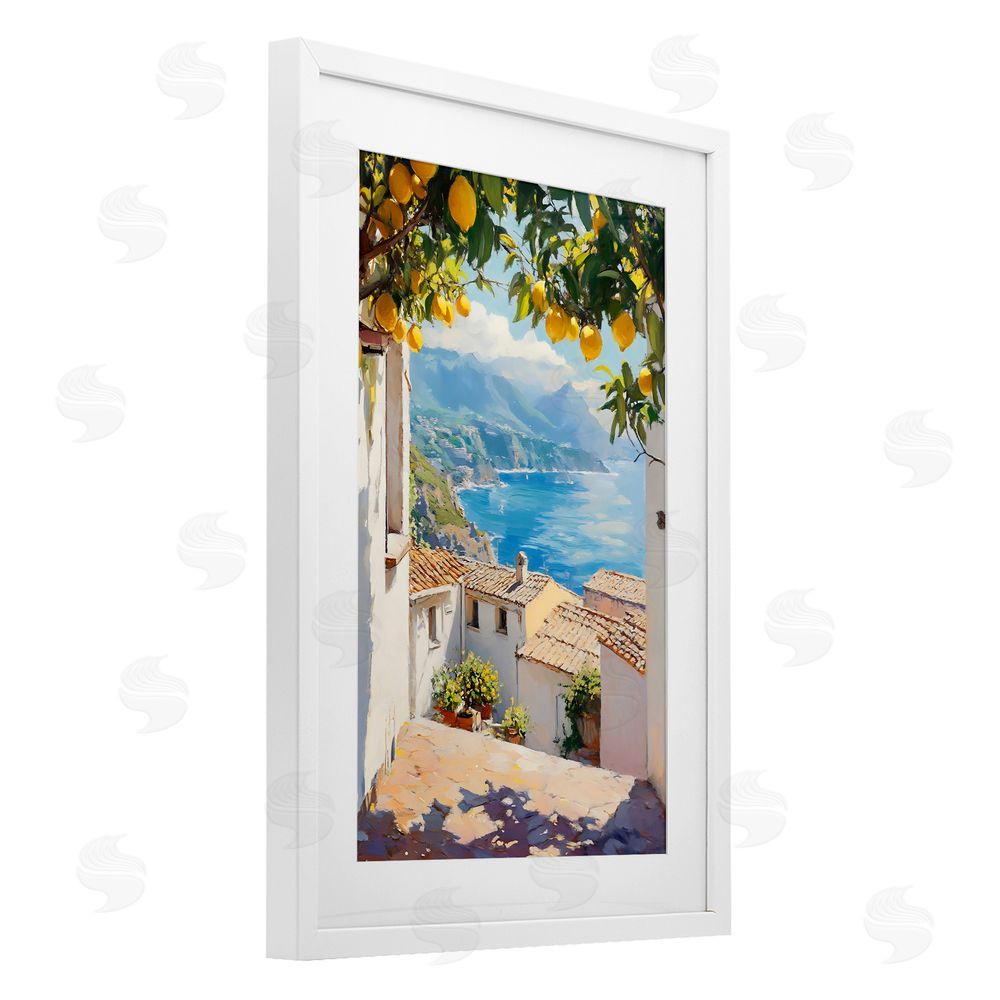 LSR Design Studio Amalfi Coast Lemon Overhang White Framed Print Under Glass with Matting Wall Art