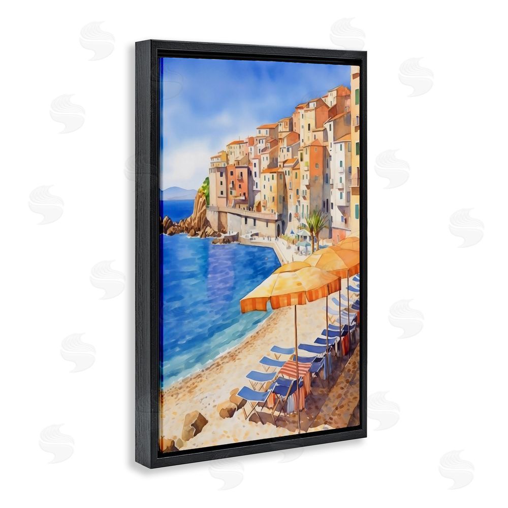 Creative Studio Beach Lounging on Mediterranean Shore Black Floating Frame Stretched Canvas Wall Art Print