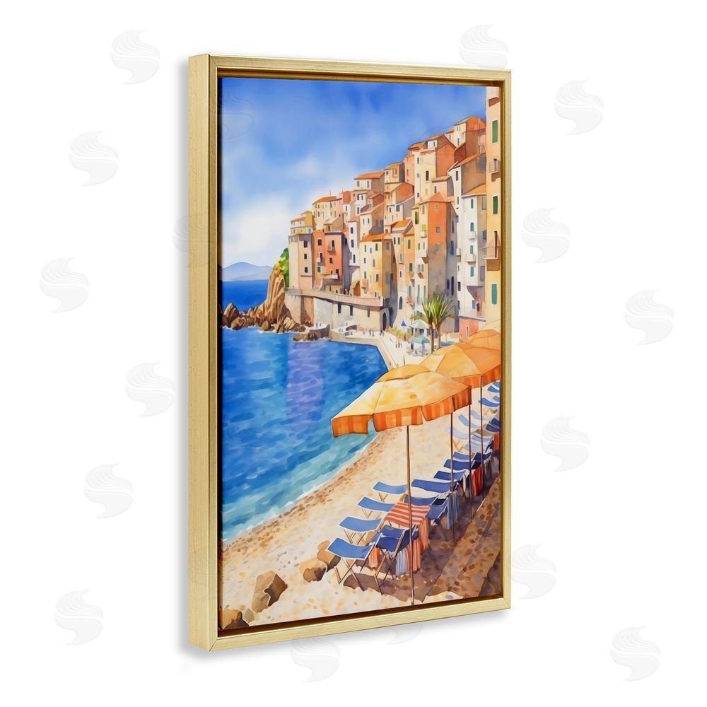 Creative Studio Beach Lounging on Mediterranean Shore Gold Floating Frame Stretched Canvas Wall Art Print