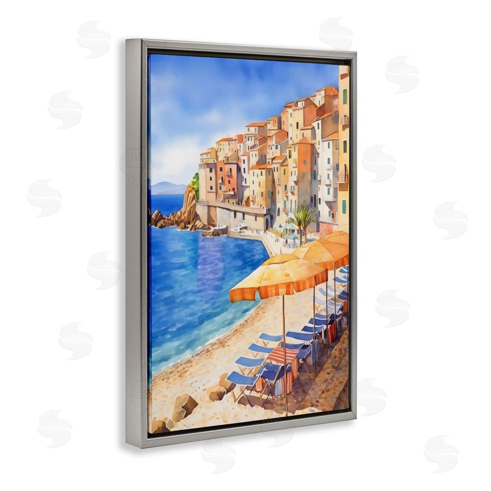 Creative Studio Beach Lounging on Mediterranean Shore Gray Floating Frame Stretched Canvas Wall Art Print