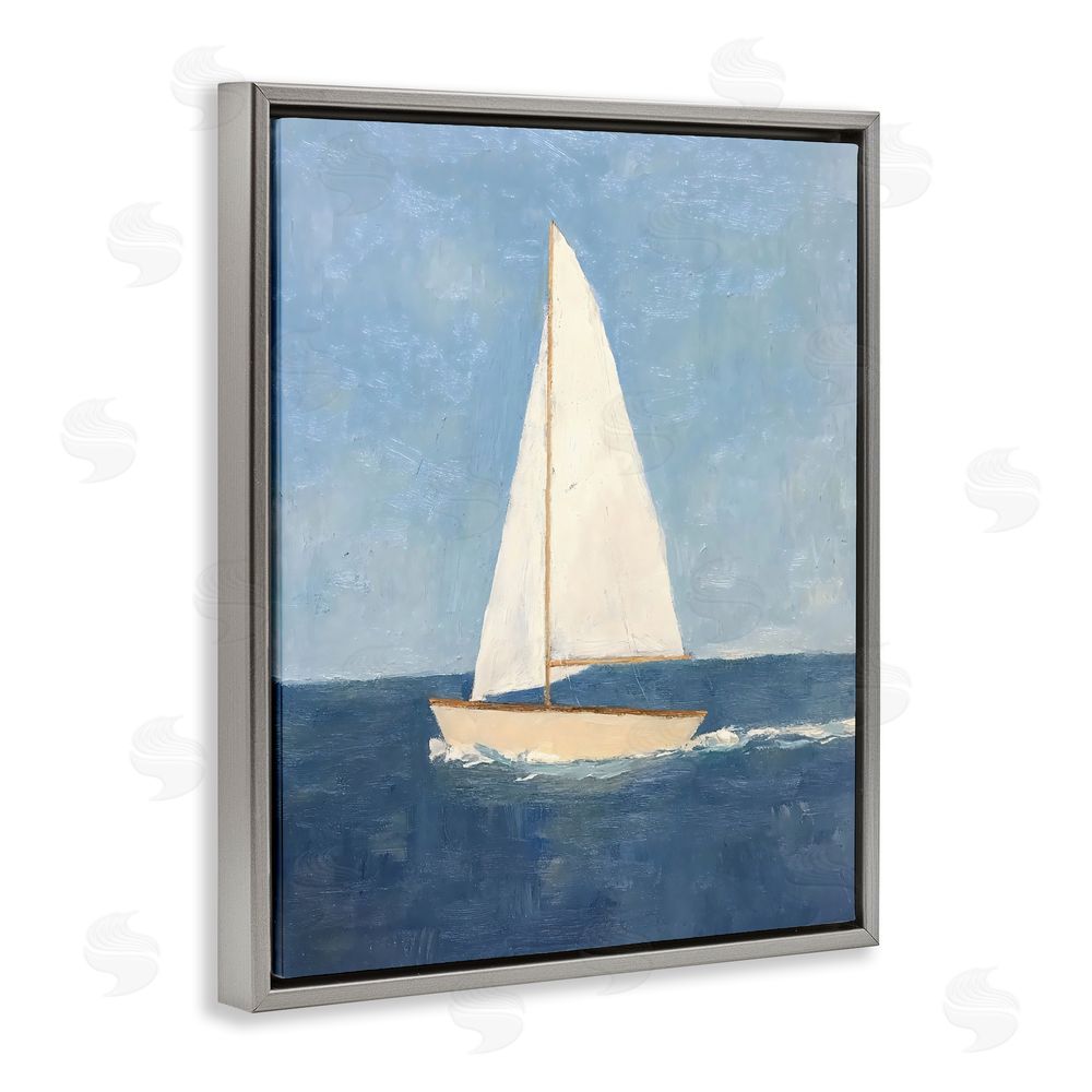 Creative Studio Deep Blue Sail at Sea Gray Floating Frame Canvas Wall Art Print