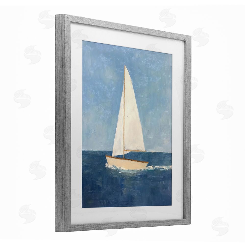 Creative Studio Deep Blue Sail at Sea Gray Framed Print Under Glass Wall Art