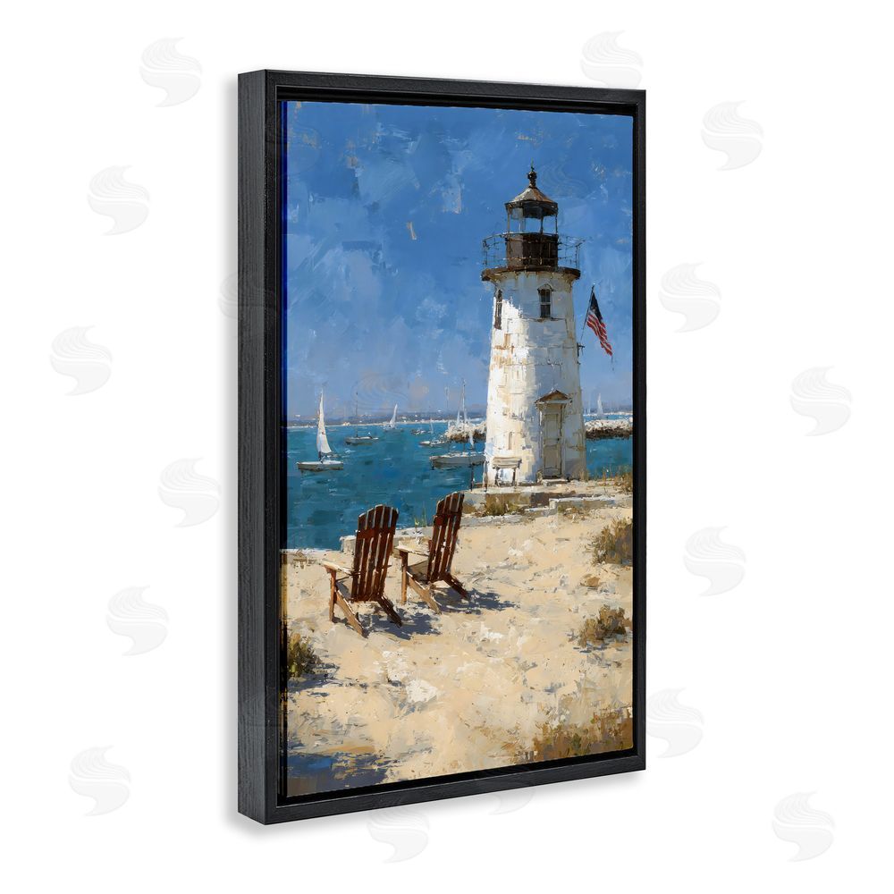 Petal Prints Design Summer at Lighthouse Bay Black Floating Framed Canvas Wall Art Print