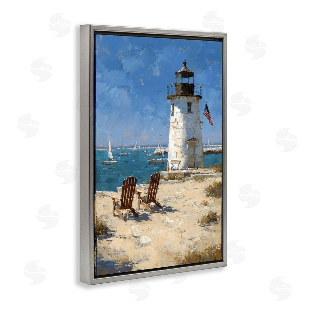 Petal Prints Design Summer at Lighthouse Bay Gray Floating Framed Canvas Wall Art Print