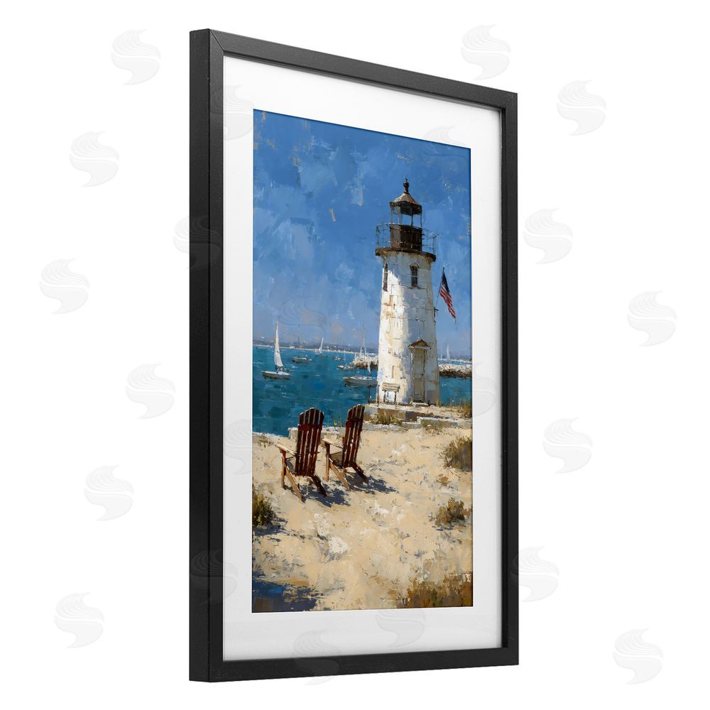 Petal Prints Design Summer at Lighthouse Bay Black Framed Print Under Glass with White Mat Wall Art