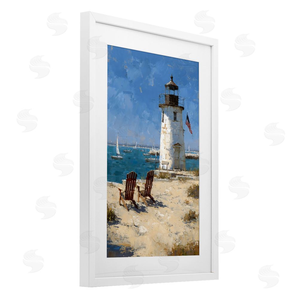 Petal Prints Design Summer at Lighthouse Bay White Framed Print Under Glass with White Mat Wall Art