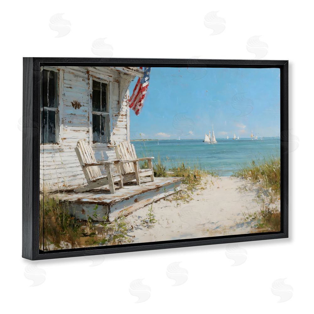 Petal Prints Design By The Ocean Cottage Retreat Black Floating Frame Stretched Canvas Wall Art Print