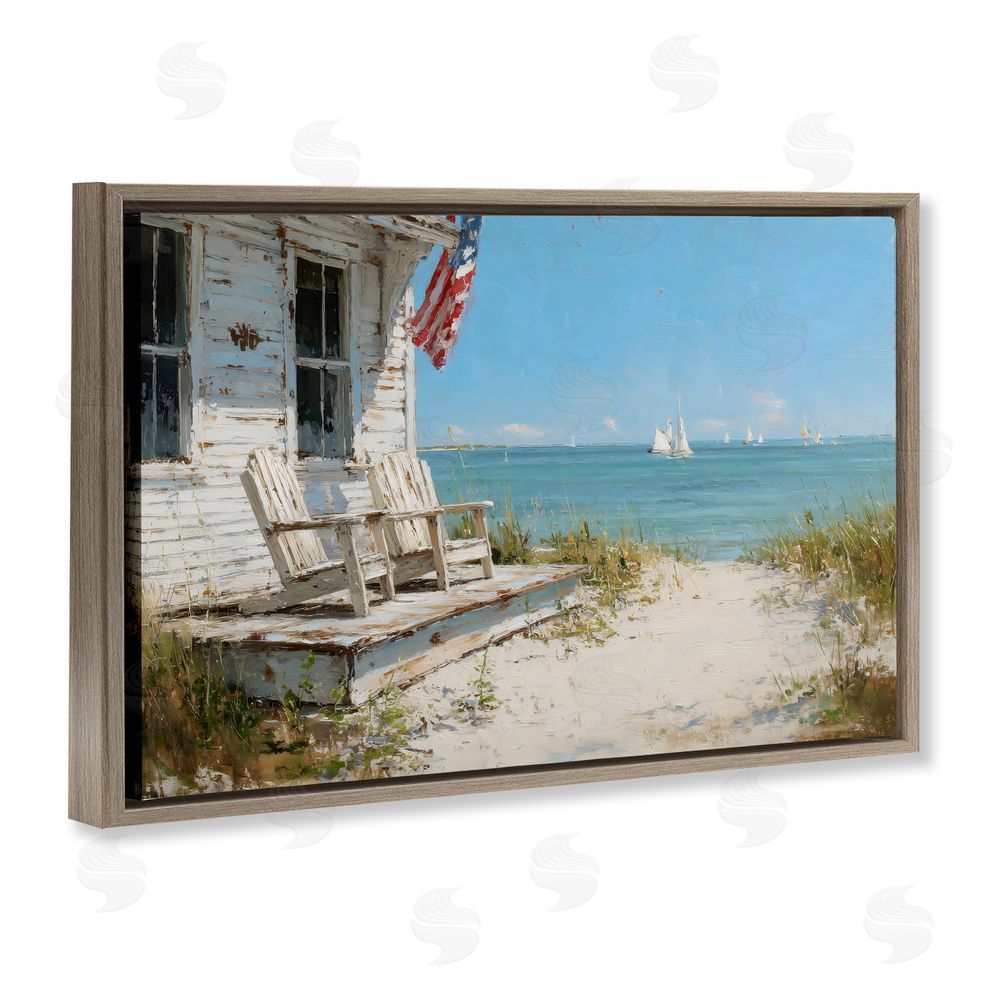 Petal Prints Design By The Ocean Cottage Retreat Brown Floating Frame Stretched Canvas Wall Art Print