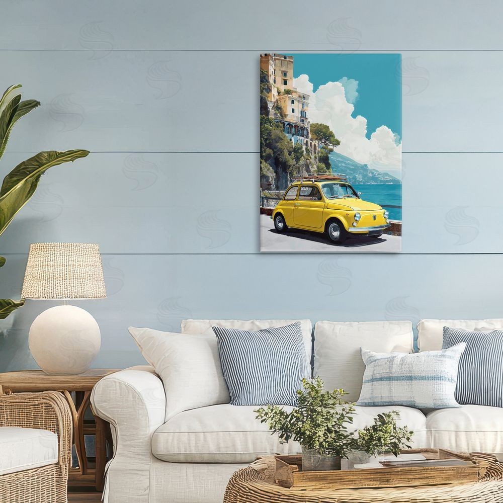 Petal Prints Design Yellow Car on Coast Stretched Canvas on Wall