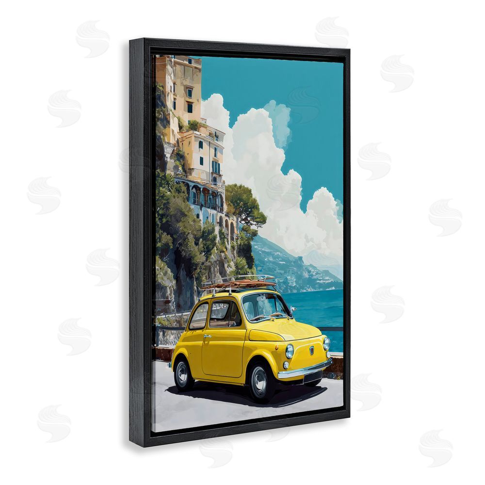 Petal Prints Design Yellow Car on Coast Black Floating Framed Canvas Wall Art Print