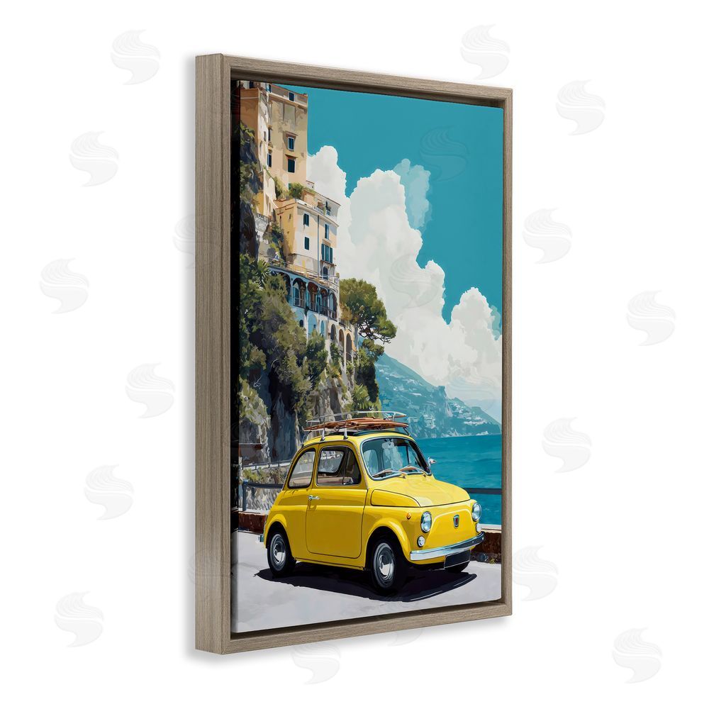 Petal Prints Design Yellow Car on Coast Brown Floating Framed Canvas Wall Art Print