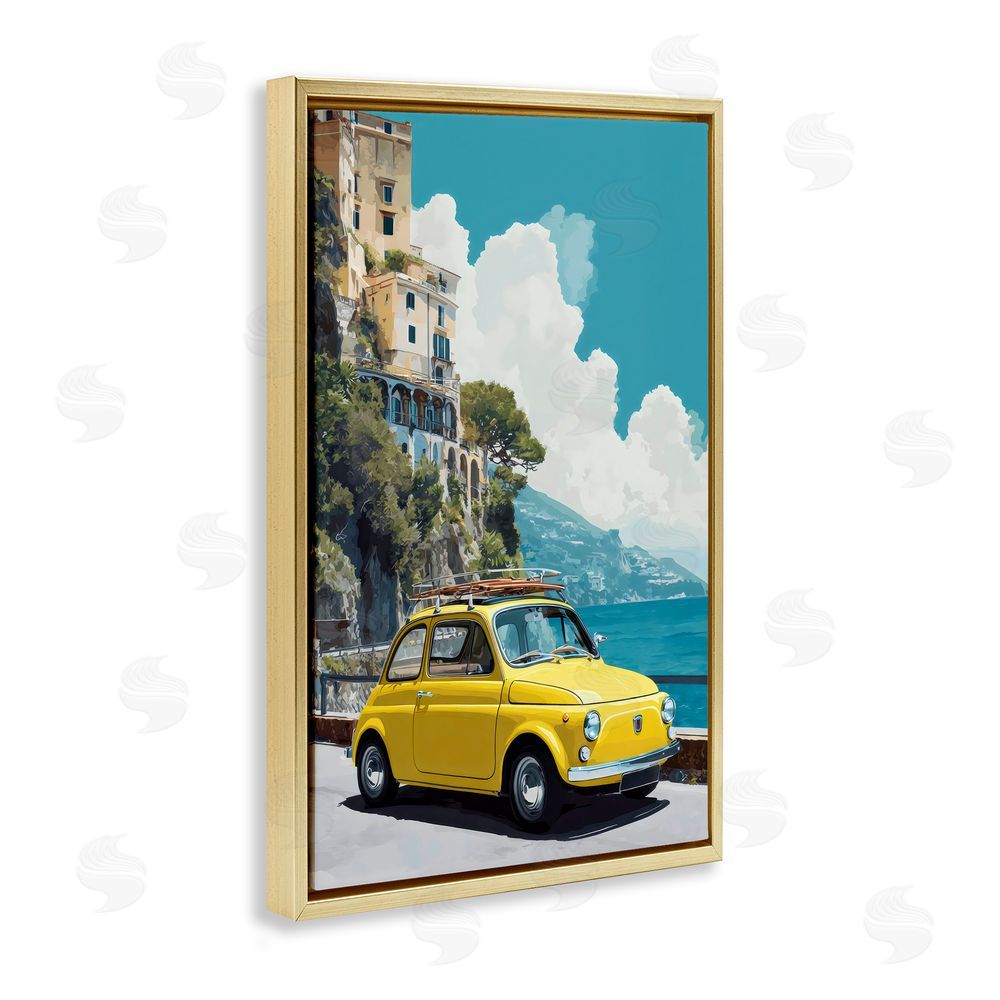Petal Prints Design Yellow Car on Coast Gold Floating Framed Canvas Wall Art Print