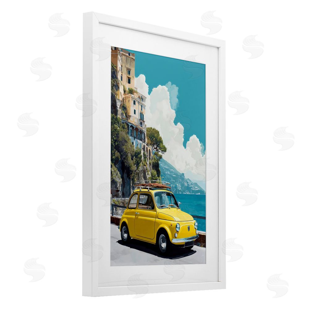 Petal Prints Design Yellow Car on Coast White Framed Print Under Glass with White Mat Wall Art