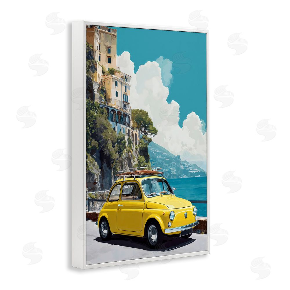 Petal Prints Design Yellow Car on Coast White Framed Giclee Wall Art Print
