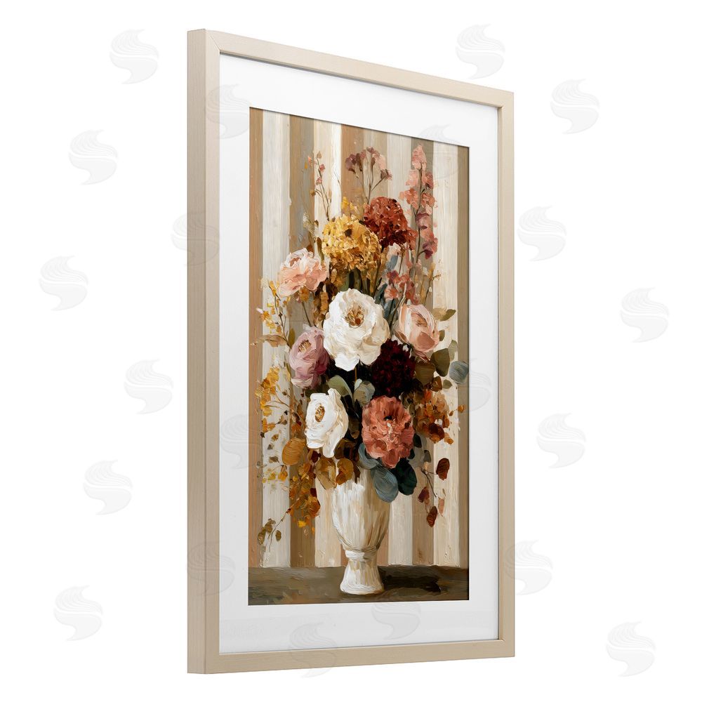 Petal Prints Design Vintage Arrangement in Vase Brown Framed Print Under Glass with White Mat Wall Art