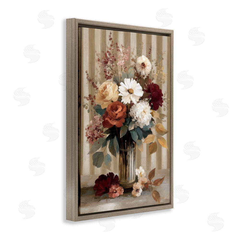Petal Prints Design Vintage Arrangement with Stripes Brown Floating Framed Canvas Wall Art Print