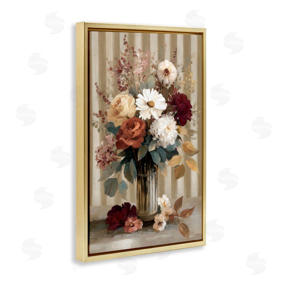 Petal Prints Design Vintage Arrangement with Stripes Gold Floating Framed Canvas Wall Art Print