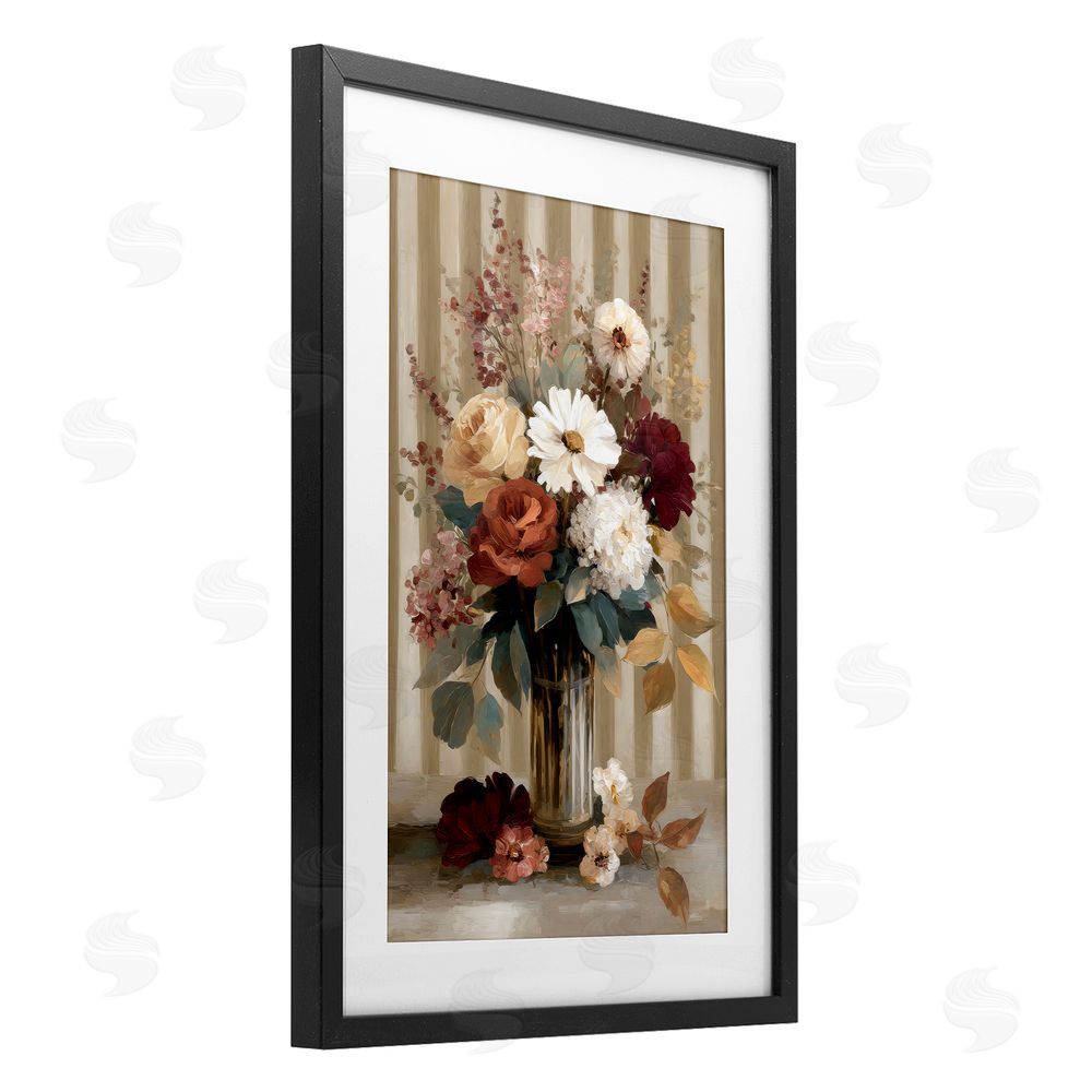 Petal Prints Design Vintage Arrangement with Stripes Black Framed Print Under Glass with White Mat Wall Art