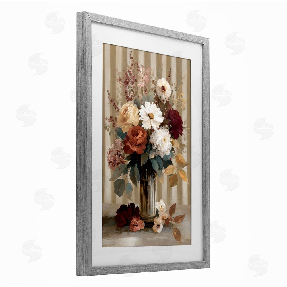 Petal Prints Design Vintage Arrangement with Stripes Gray Framed Print Under Glass with White Mat Wall Art