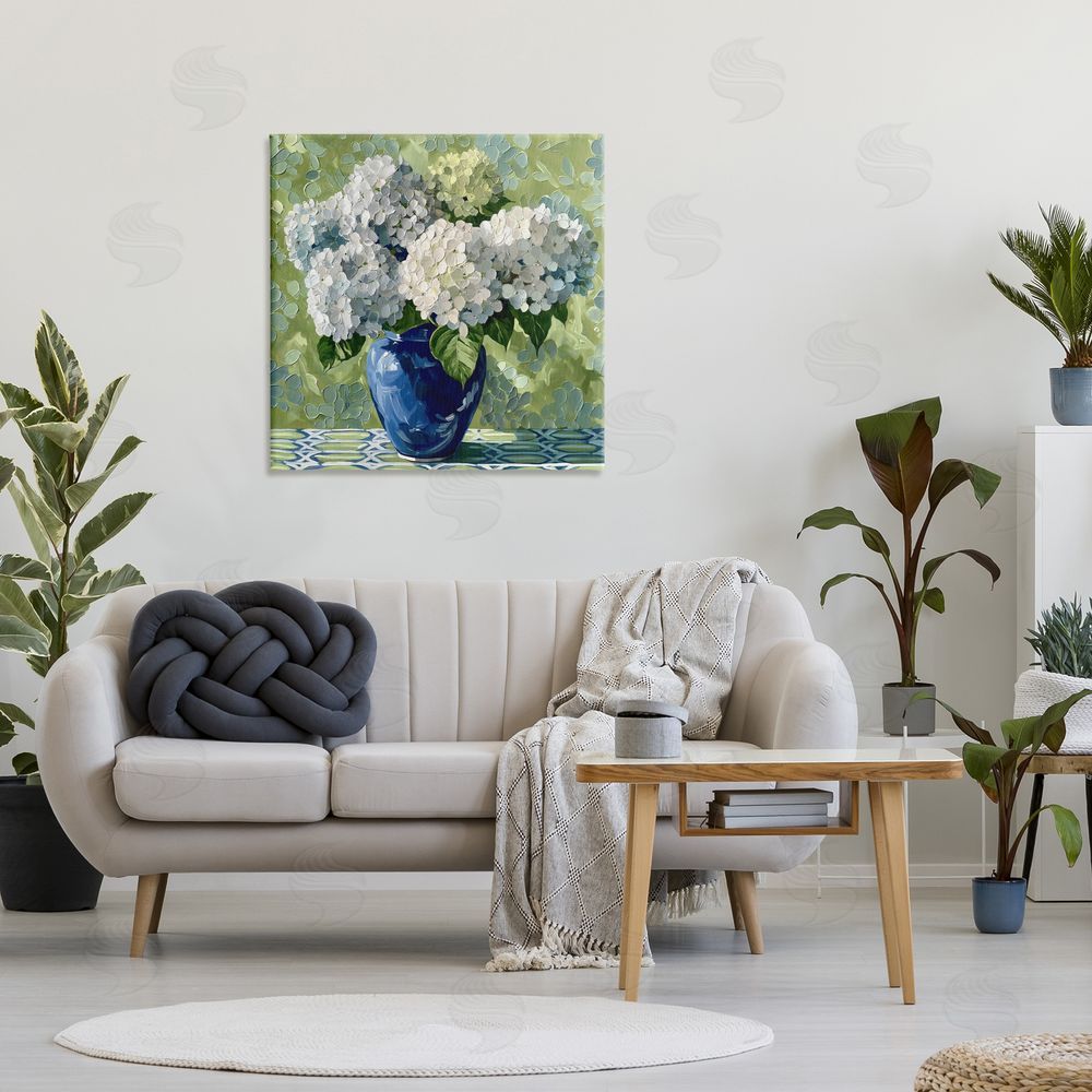 Gina Kelly White Hydrangeas in Blue Vase Stretched Canvas on Wall