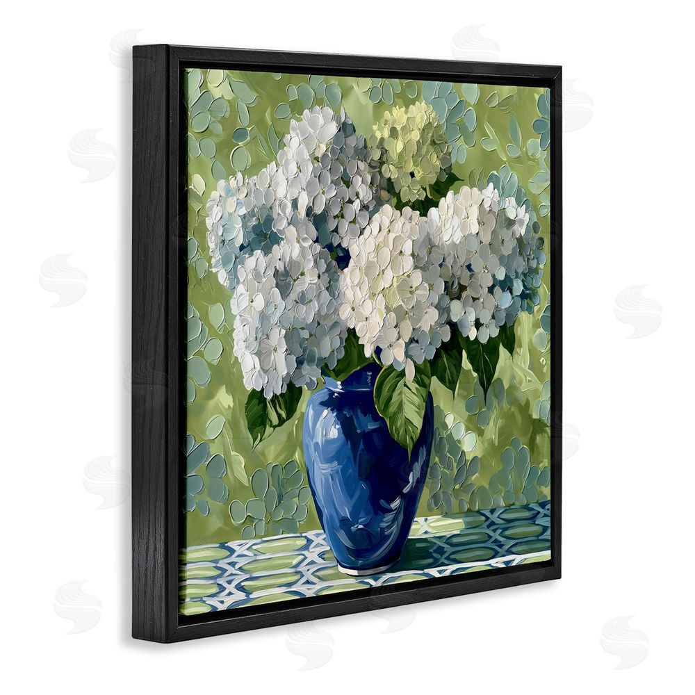 Gina Kelly White Hydrangeas in Blue Vase Black Floating Framed Canvas Wall Art Print