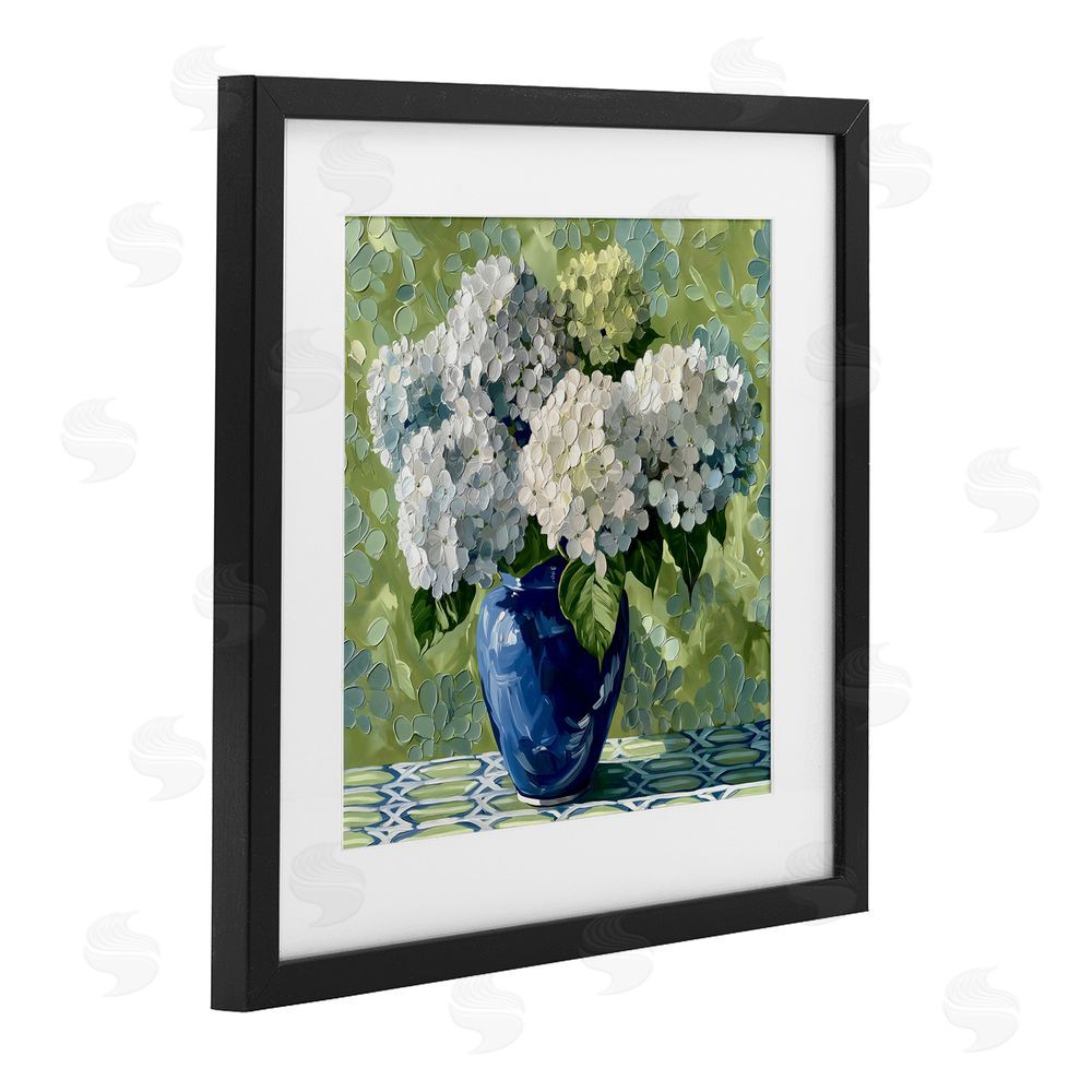 Gina Kelly White Hydrangeas in Blue Vase Black Framed Print Under Glass with White Mat Wall Art
