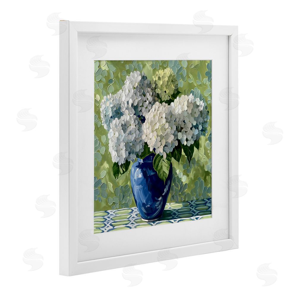 Gina Kelly White Hydrangeas in Blue Vase White Framed Print Under Glass with White Mat Wall Art