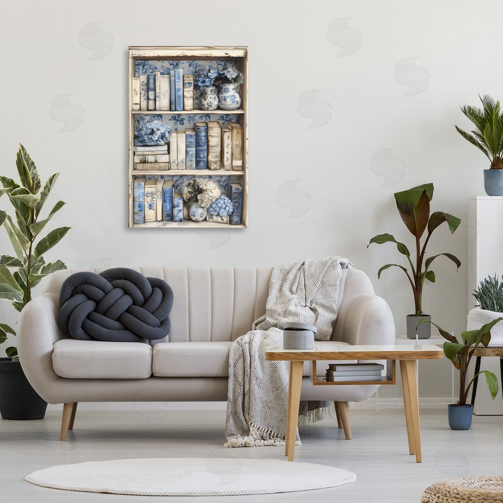 LSR Design Studio Blue & Beige Bookcase Stretched Canvas Wall Art in Room