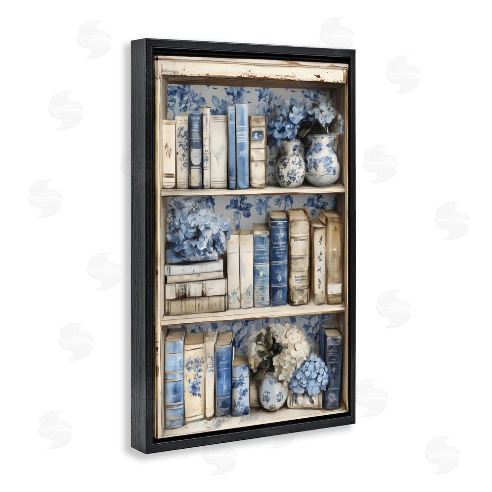 LSR Design Studio Blue & Beige Bookcase Black Floating Frame Canvas Wall Art Print