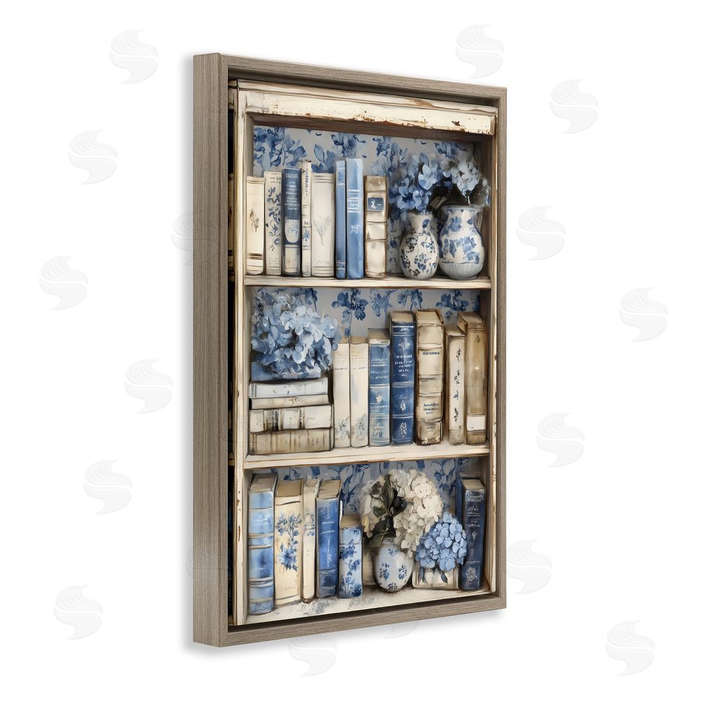 LSR Design Studio Blue & Beige Bookcase Brown Floating Frame Canvas Wall Art Print