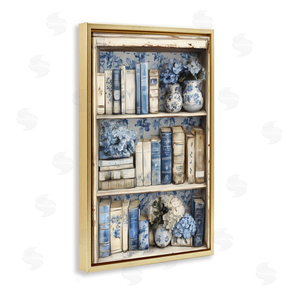 LSR Design Studio Blue & Beige Bookcase Gold Floating Frame Canvas Wall Art Print