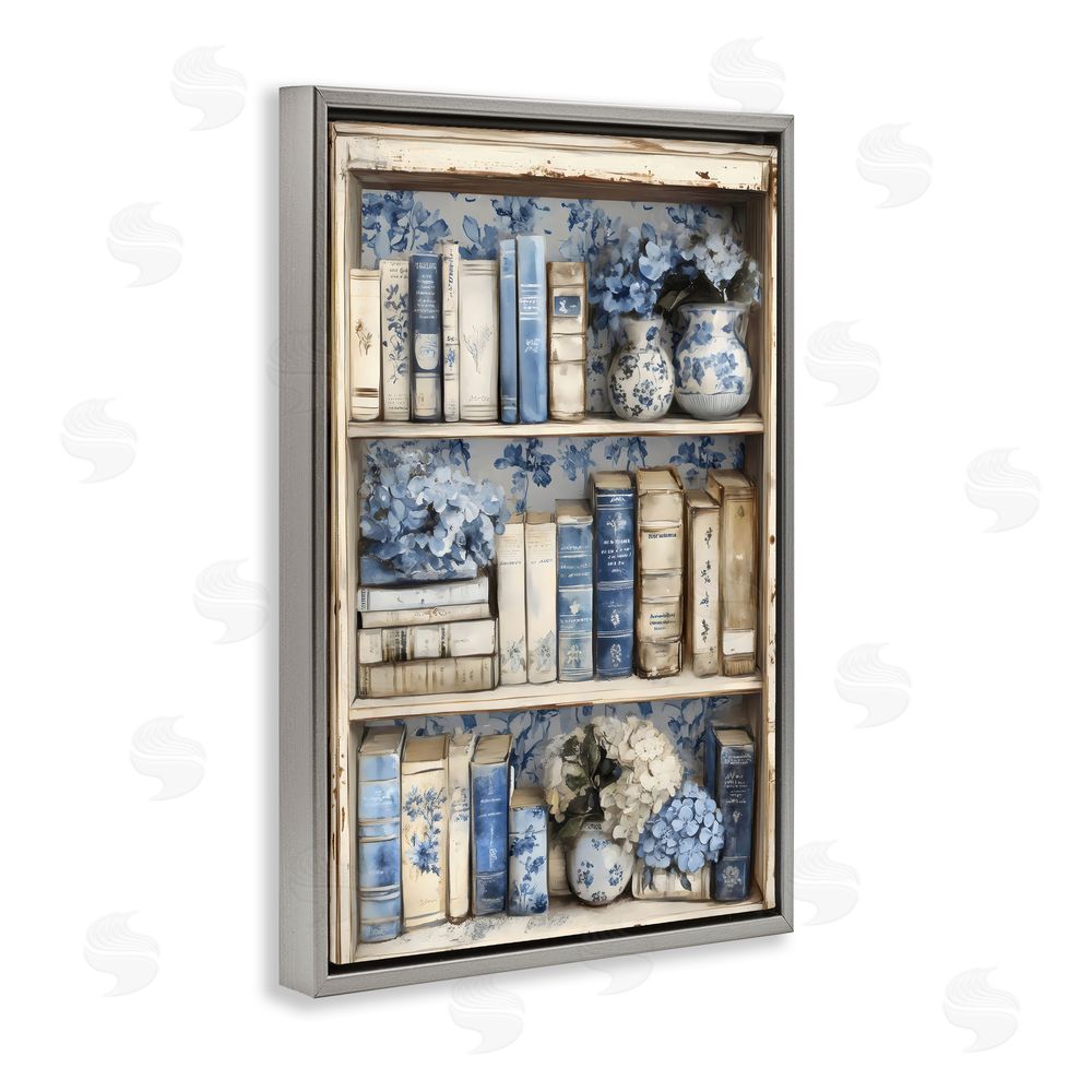 LSR Design Studio Blue & Beige Bookcase Gray Floating Frame Canvas Wall Art Print