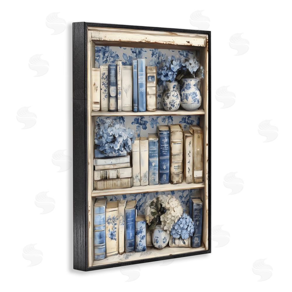 LSR Design Studio Blue & Beige Bookcase Black Framed Giclee Wall Art Print