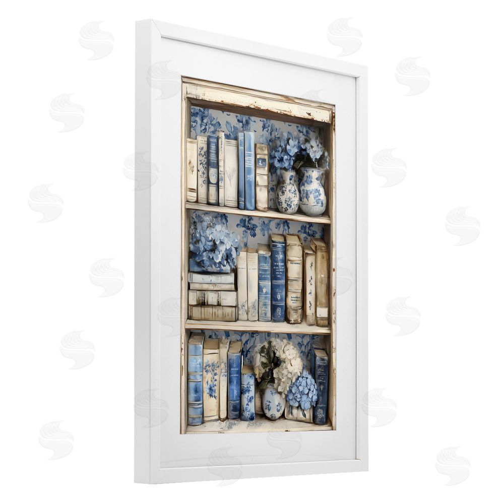 LSR Design Studio Blue & Beige Bookcase White Framed Print Under Glass Wall Art