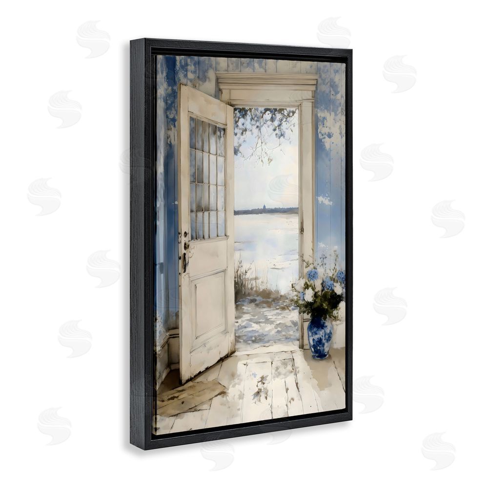 LSR Design Studio Blue Country Cottage Doorway Black Floating Frame Stretched Canvas Wall Art Print