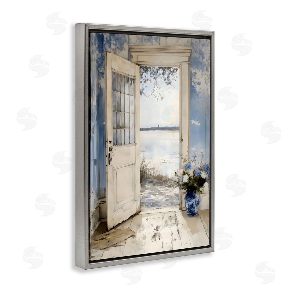 LSR Design Studio Blue Country Cottage Doorway Gray Floating Frame Stretched Canvas Wall Art Print