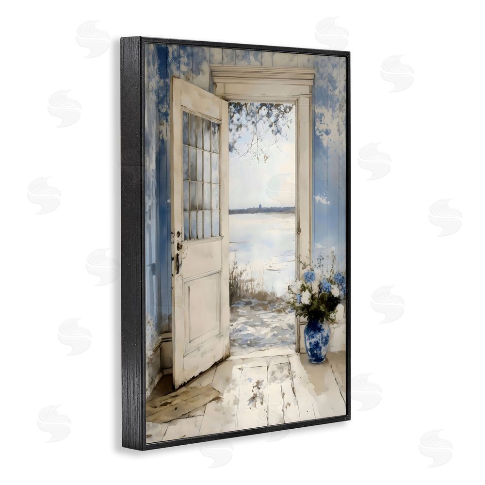 LSR Design Studio Blue Country Cottage Doorway Black Framed Giclee Wall Art Print