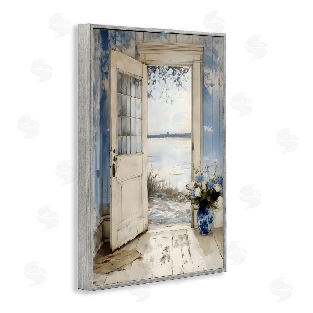 LSR Design Studio Blue Country Cottage Doorway Gray Framed Giclee Wall Art Print