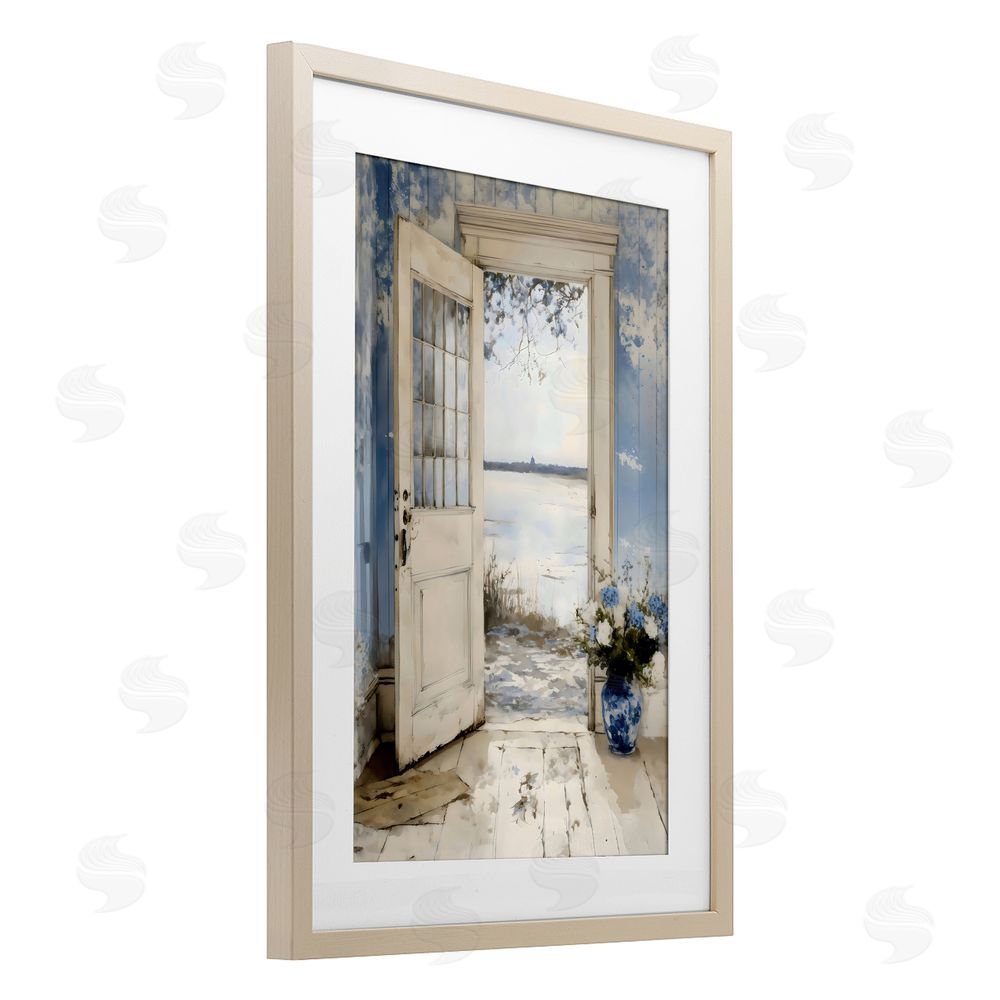 LSR Design Studio Blue Country Cottage Doorway Brown Framed Print Under Glass with Matting Wall Art